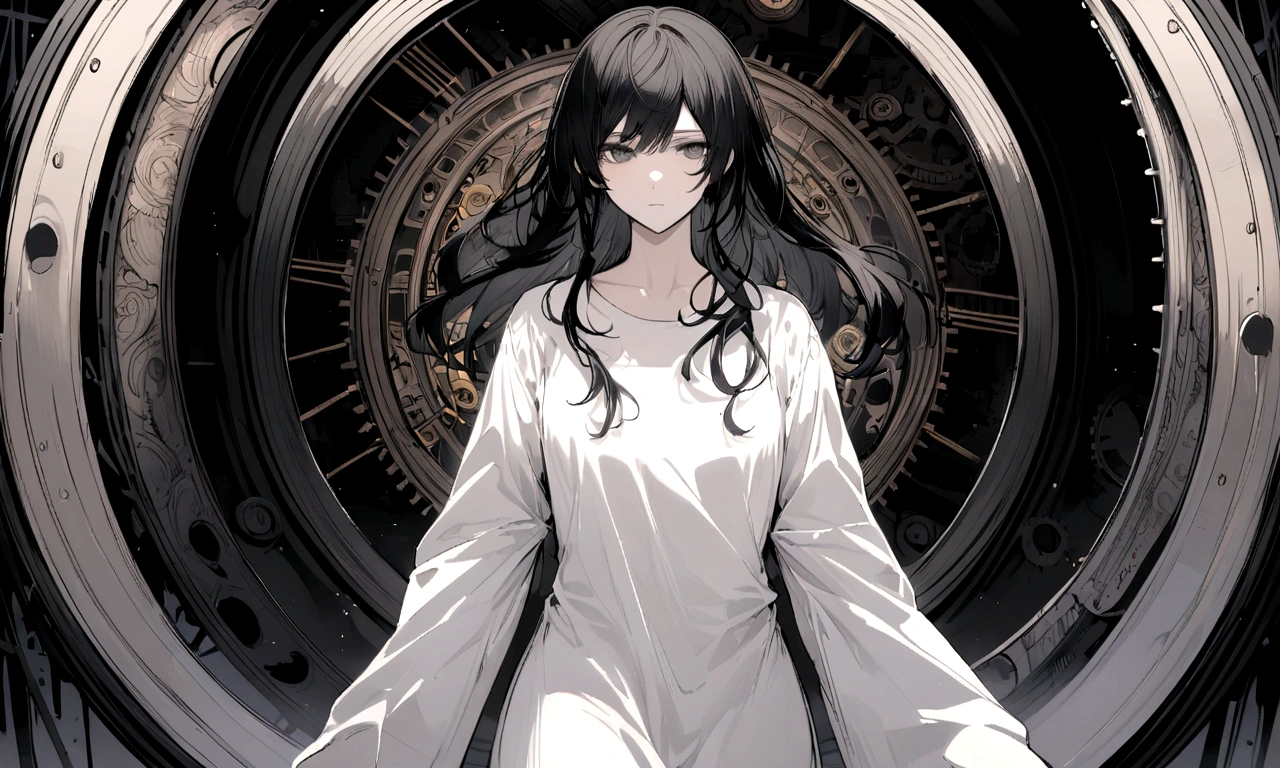 black and white drawing, giant clockwork background, human, 26 year old male 1, black neat hair, a lonely face, wearing gray tracksuit, beautiful woman 1, wearing a white dress