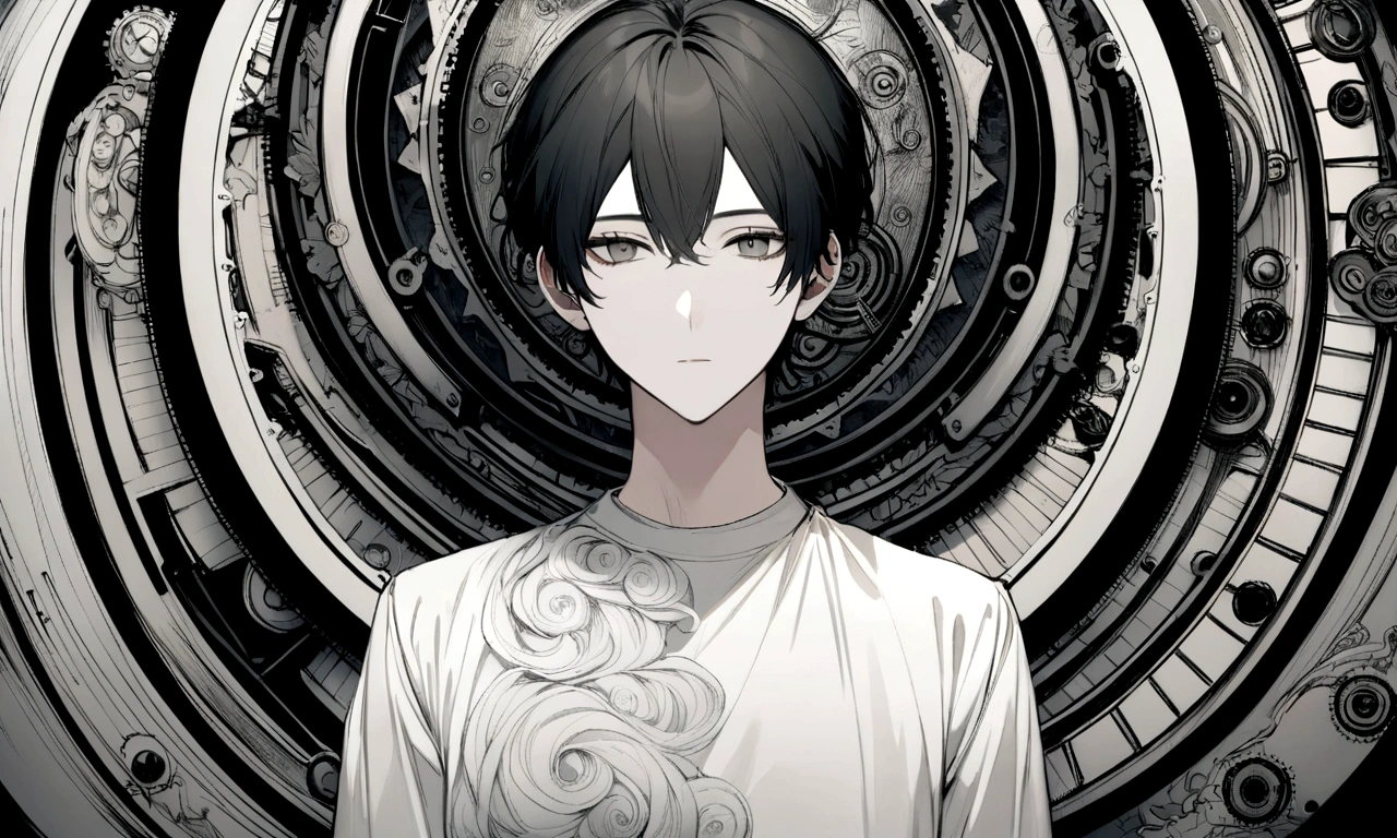 black and white drawing, giant clockwork background, human, 26 year old male 1, black neat hair, a lonely face, wearing gray tracksuit, beautiful woman 1, wearing a white dress