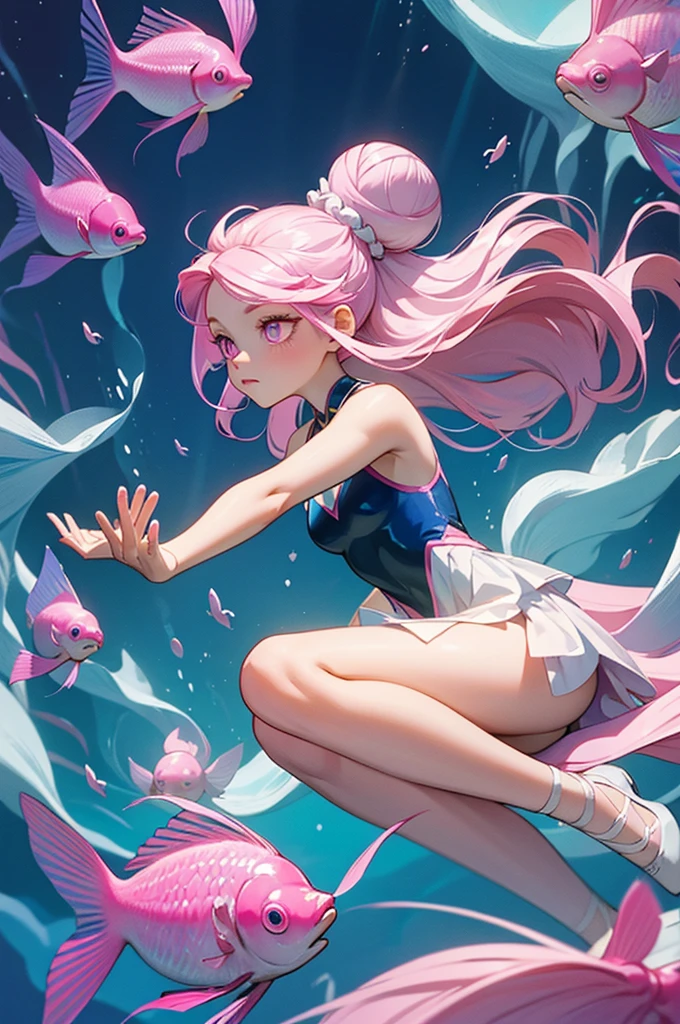 throw, ((masterpiece, Highest quality)), whole body, One girl, alone, (Long Hair:1.1),(Hair Ribbon:0.4), (((Pink Eyes))),(((White bun hair))),(((Long pink hair))),
 Create an enchanting and fantastical underwater scene featuring a girl with sparkling blue eyes and flowing hair like a deep sea treasure。. She floats gracefully in the crystal clear water, Surrounded by fascinating exotic fish, Creating a ballet with harmonious movement and color. The girl&#39;s delicate hands、Vibrant, The fish scales glitter as they sway around her., Forming complex patterns、Illuminates water with an otherworldly glow。. Sunlight penetrates the surface, Cast magic, Dappled light dances on her skin and the marine life around her.. background, Lush underwater gardens with swaying seaweed and coral reefs create a mesmerizing atmosphere.。. This breathtaking image、It should evoke a sense of wonder., Tranquility, and the serene beauty of the underwater world, It expresses the mysterious connection between the girl and aquatic life.,{Detailed and beautiful eyes}, finely,  Detailed and beautiful eyes,