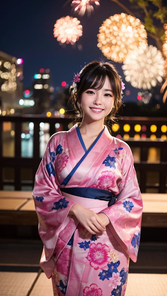 night、A glamorous atmosphere、firework、Matte fabric、Pink large floral pattern yukata、Cotton kimono、stylish (night景、night、smile)、night空、bangs、No makeup、(masterpiece、8K,RAW Photos、High resolution:1.4)、girl'Her calm expression is、Emphasized by the soft look..。 Canon EOS R6 Mark II and Sigma 50mm f/2.Used in combination with 8/1.4 DG HSM Art Lens、シーンのあらゆるニュアンスがHigh resolutionでキャプチャされます。