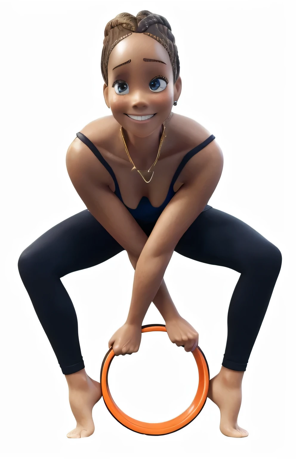 SLIM WOMAN, SMILING, HAIR WITH BRAIDS, BROWN HAIR WITH BLONDE TIPS, DOING GYM