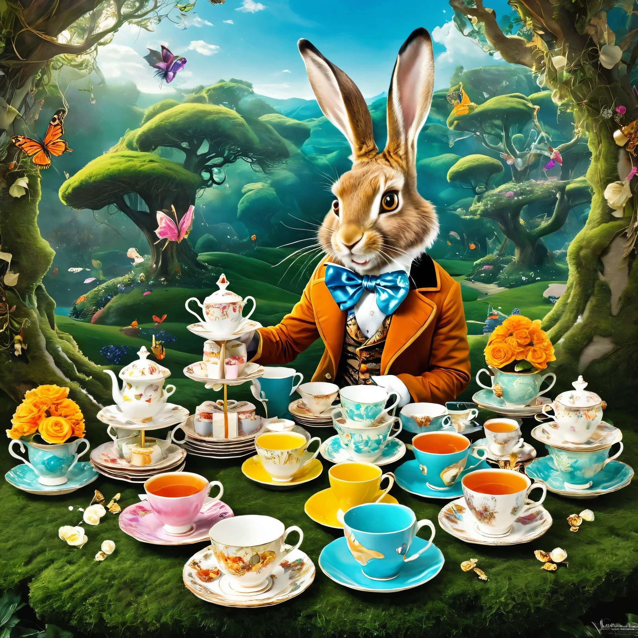Produce a visually captivating representation of The March Hare from Alice in Wonderland. Highlight his whimsical and eccentric personality as he enjoys a tea party with Alice and the Mad Hatter. Emphasize his disheveled appearance, oversized top hat, and the chaotic tea cups around him. Use vibrant colors and intricate details to capture the essence of this peculiar character. The image should evoke the spirit of Wonderland's madness and surrealism. Ensure that it's suitable for various creative applications, such as posters and digital art.