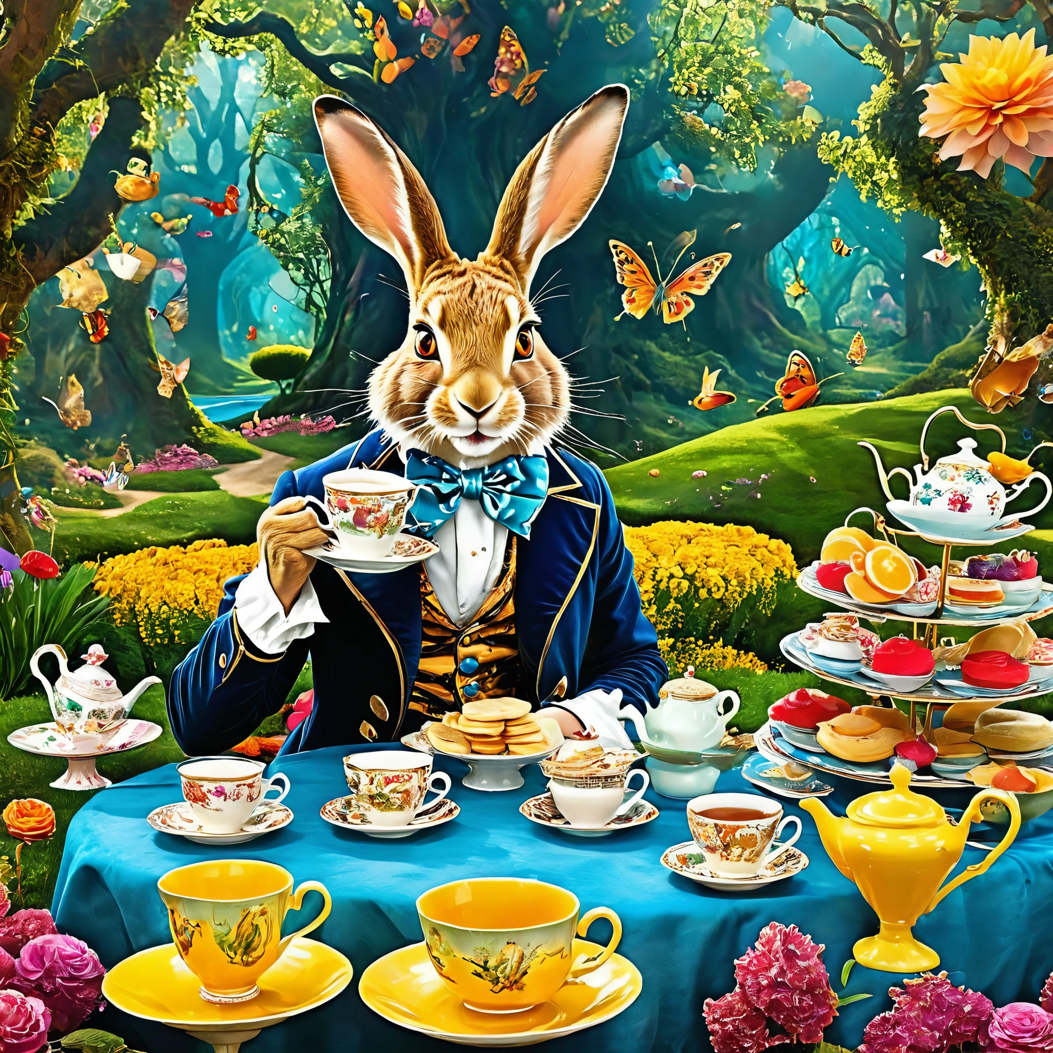 Produce a visually captivating representation of The March Hare from Alice in Wonderland. Highlight his whimsical and eccentric personality as he enjoys a tea party with Alice and the Mad Hatter. Emphasize his disheveled appearance, oversized top hat, and the chaotic tea cups around him. Use vibrant colors and intricate details to capture the essence of this peculiar character. The image should evoke the spirit of Wonderland's madness and surrealism. Ensure that it's suitable for various creative applications, such as posters and digital art.