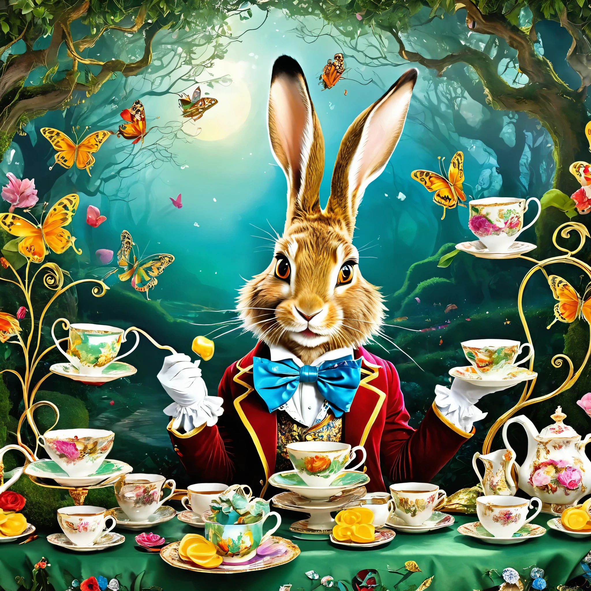 Produce a visually captivating representation of The March Hare from Alice in Wonderland. Highlight his whimsical and eccentric personality as he enjoys a tea party with Alice and the Mad Hatter. Emphasize his disheveled appearance, oversized top hat, and the chaotic tea cups around him. Use vibrant colors and intricate details to capture the essence of this peculiar character. The image should evoke the spirit of Wonderland's madness and surrealism. Ensure that it's suitable for various creative applications, such as posters and digital art.