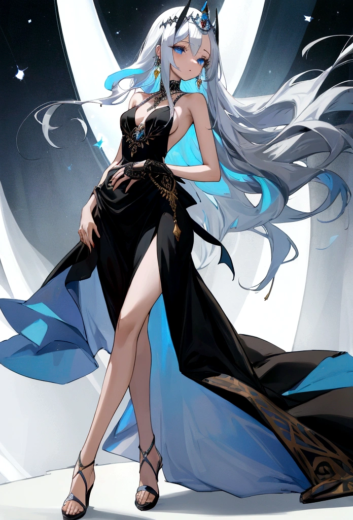 single woman of 2.10 tall, with long, straight silver hair down to her waist, white blue eyes, backless black dress, with 2 cuts under the dress, with jewelry on her arms and one leg, wearing spiritual crown, goddess,
