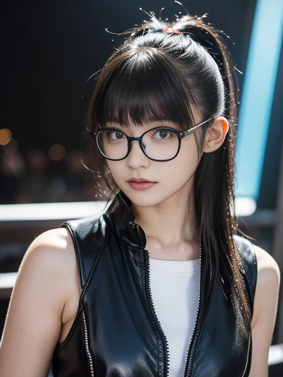 (RAW Photos, Highest quality), (Glasses), 派手なフレームのGlasses, masterpiece, Natural light, 1 Girl, Future, Female Model, Neon Light, High-tech city, Mirror Effect, Metallic costumes, cyber punk, Glowing Accessories, Future-oriented, reflection, High Contrast, head shot