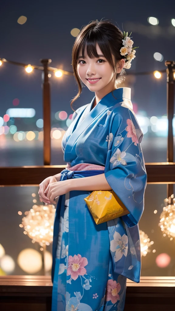 night、A glamorous atmosphere、firework、Matte fabric、Light blue large floral pattern yukata、Cotton kimono、stylish （night景、night、smile）、night空、bangs、No makeup、（masterpiece、8K,RAW Photos、High resolution:1.4）、girl&#39;Her calm expression is、Emphasized by the soft look..。 Canon EOS R6 Mark II and Sigma 50mm f/2.Used in combination with 8/1.4 DG HSM Art Lens、シーンのあらゆるニュアンスがHigh resolutionでキャプチャされます。