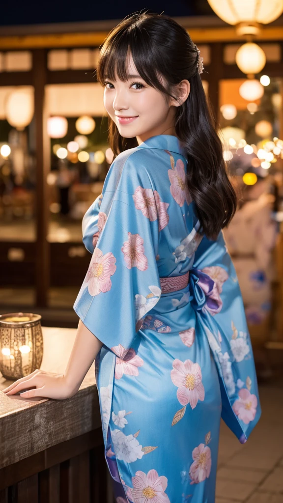 night、A glamorous atmosphere、firework、Matte fabric、Light blue large floral pattern yukata、Cotton kimono、stylish (night景、night、smile)、night空、bangs、No makeup、(masterpiece、8K,RAW Photos、High resolution:1.4)、girl'Her calm expression is、Emphasized by the soft look..。 Canon EOS R6 Mark II and Sigma 50mm f/2.Used in combination with 8/1.4 DG HSM Art Lens、シーンのあらゆるニュアンスがHigh resolutionでキャプチャされます。