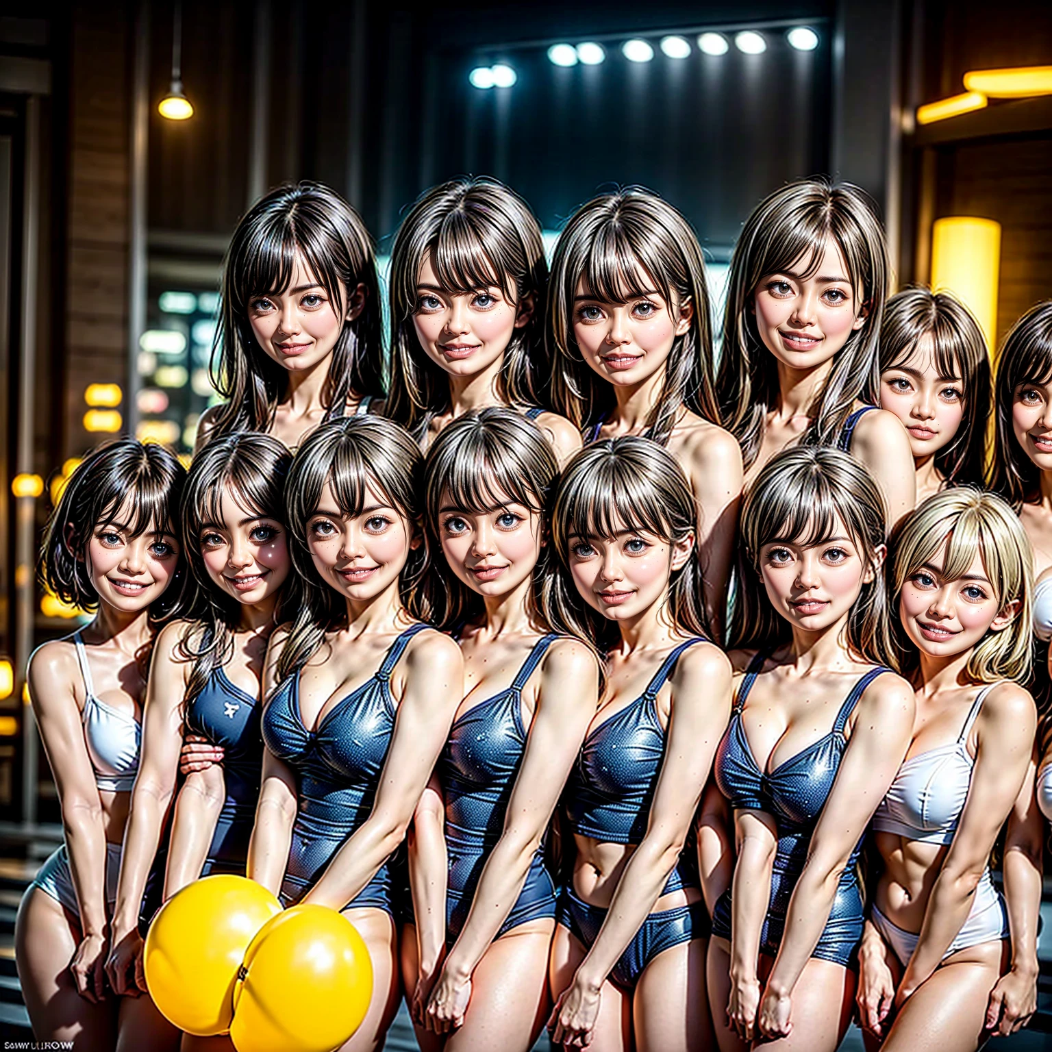 ((ExtremelyDetailed (PUNIPUNI KAWAII 12 Girls in a row:1.37) Shibuya Hachiko-mae scramble crossing)), (masterpiece 8K TopQuality:1.2) (ProfessionalPhoto:1.37), {(Standing Full Body:1.2)|Dancing}, Different types of hair colors, {(skinny(school swimwear))|SchoolUniform|Tutu}, {Corrected BabyLike hand|Hiddenhand}, (Joyful Expressions LifeLike Rendering), PerfectLighting (RainbowColor particles)(Blurred ColorfulLights) MotionBlur