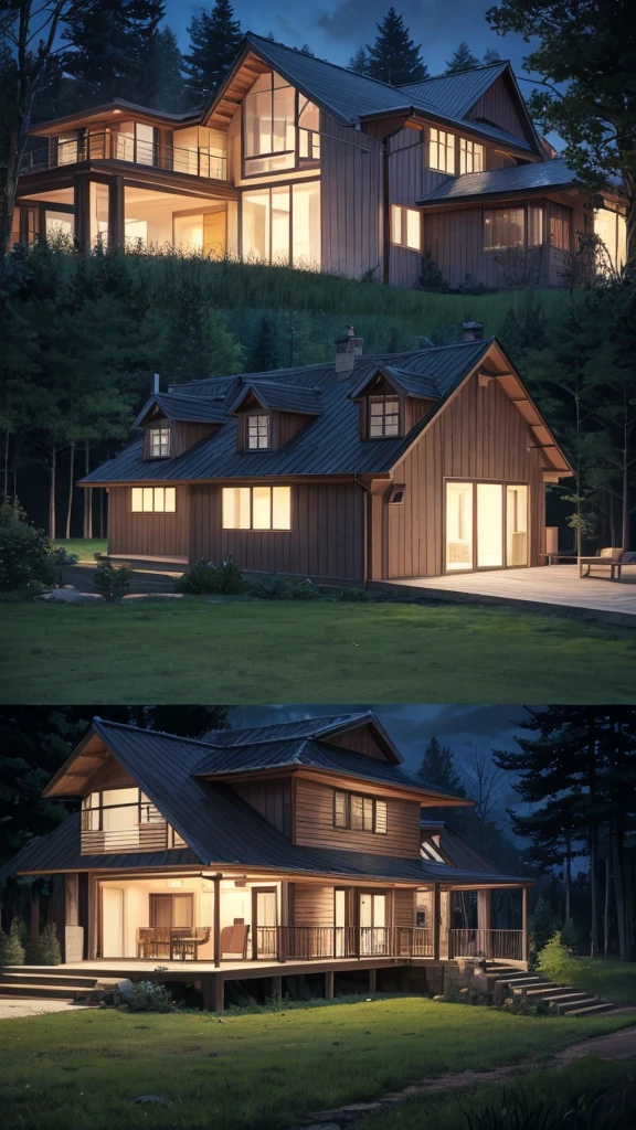 House in the middle of a forest at night, that the image shows the house in diagonal profile, that the house is 19th century style, and it looks terrifying