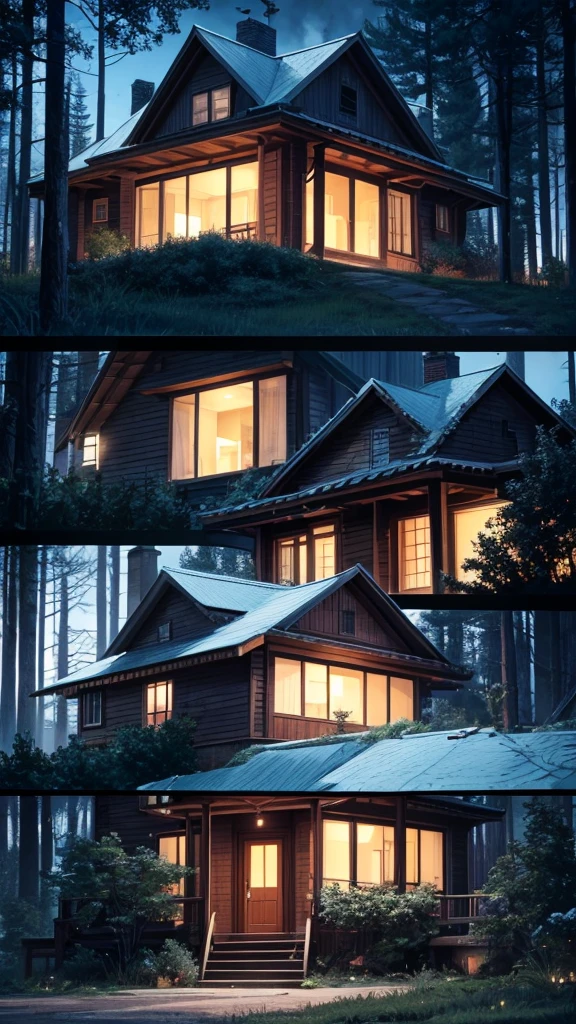 House in the middle of a forest at night, that the image shows the house in diagonal profile, that the house is 19th century style, and it looks terrifying