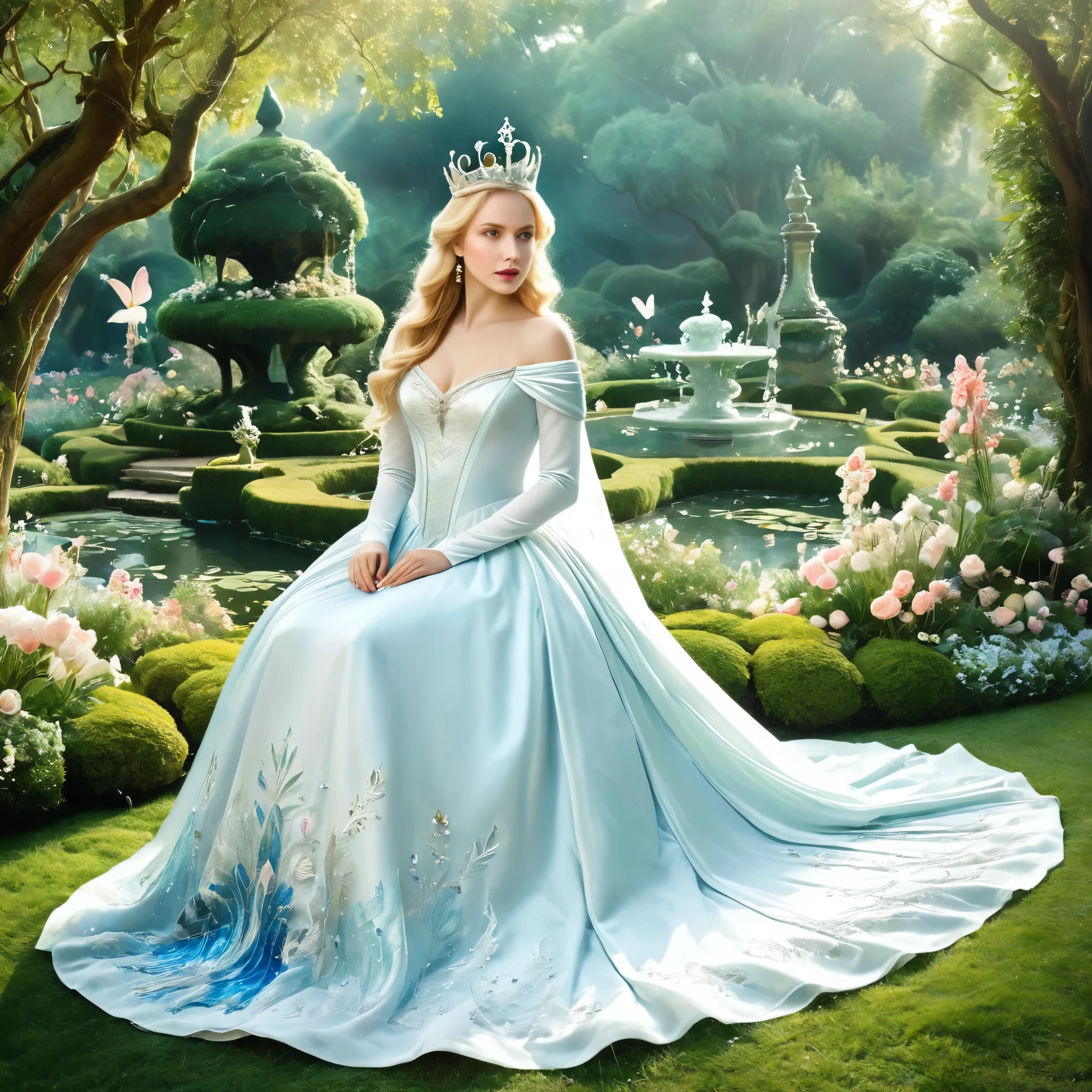 Generate a captivating depiction of The White Queen from Alice in Wonderland. Emphasize her regal presence, her ethereal beauty, and the serene yet mysterious atmosphere of her kingdom. Highlight her elegant attire, which should include a flowing white gown and a crown adorned with diamonds. Surround her with an otherworldly landscape, featuring a dreamlike garden and fantastical creatures. Use soft, pastel colors to evoke a sense of enchantment. The image should be suitable for use in storytelling and fantasy-themed visuals.