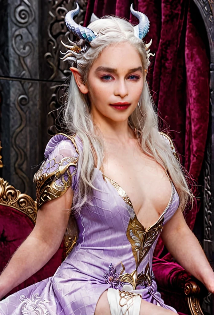 Queen of the White Dragon, mulher madura jovem, "Galadriel, EMÍLIACLARKE", elegant lilac Ruby dress, mama grande, Curvy, dragon ling vawy hair, Cabelos Super Longos, soft facial features, White dragon horns on his head, mulher majestosa, silver decoration on her lilac Ruby dress, Rainha Estrela Prateada, Grandes olhos violet, cherry lips, White dragons, starly sky