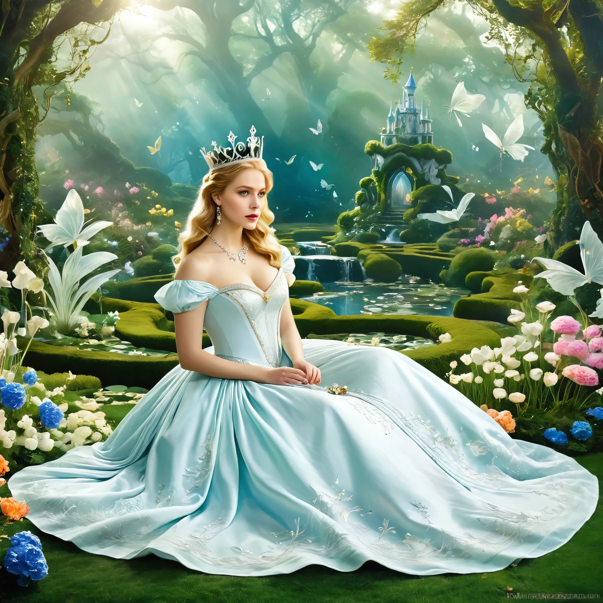 Generate a captivating depiction of The White Queen from Alice in Wonderland. Emphasize her regal presence, her ethereal beauty, and the serene yet mysterious atmosphere of her kingdom. Highlight her elegant attire, which should include a flowing white gown and a crown adorned with diamonds. Surround her with an otherworldly landscape, featuring a dreamlike garden and fantastical creatures. Use soft, pastel colors to evoke a sense of enchantment. The image should be suitable for use in storytelling and fantasy-themed visuals.