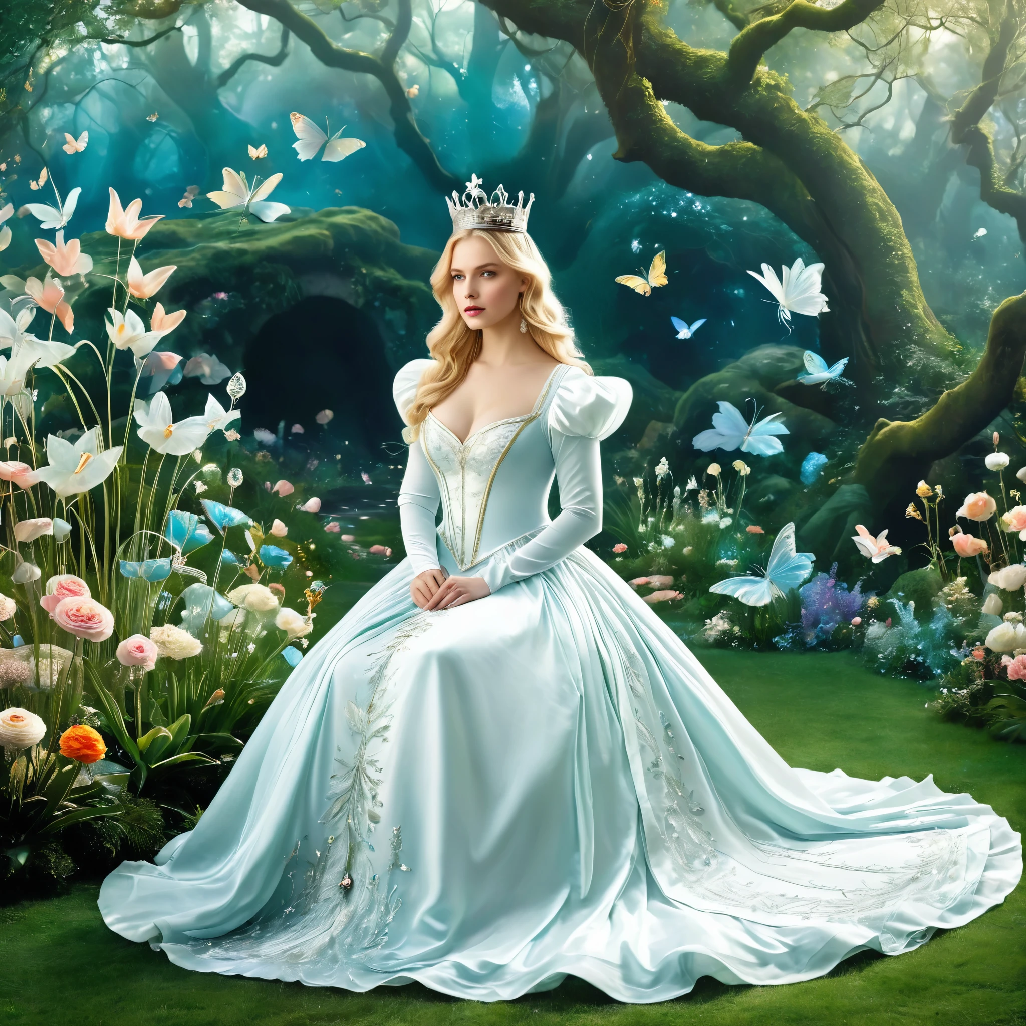 Generate a captivating depiction of The White Queen from Alice in Wonderland. Emphasize her regal presence, her ethereal beauty, and the serene yet mysterious atmosphere of her kingdom. Highlight her elegant attire, which should include a flowing white gown and a crown adorned with diamonds. Surround her with an otherworldly landscape, featuring a dreamlike garden and fantastical creatures. Use soft, pastel colors to evoke a sense of enchantment. The image should be suitable for use in storytelling and fantasy-themed visuals.
