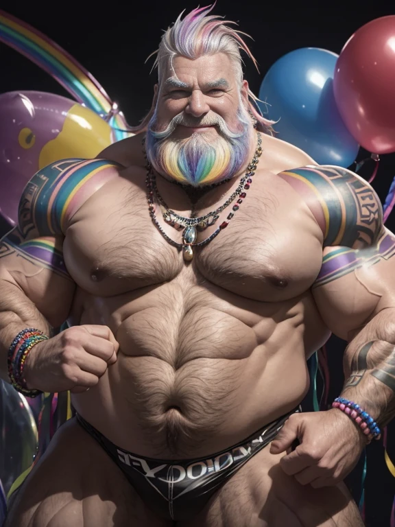 ((hyperrealistic image)) A smiling old man standing gray and rainbow haired Nordic bodybuilder weighing over 200kg with huge, very hairy pecs, very large pointy nipples and arms tattooed with many huge necklaces of multicolored candy wearing a rainbow latex thong with a wall of multicolored candy and balloons in the background. 