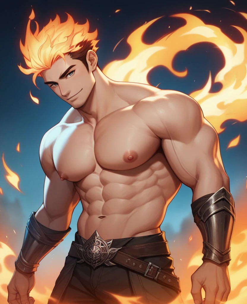 God of fire, A handsome man. Big chest!!! Big pectorals!!! Round chest!!! Big nipples!!! Large chest!!! attractive male, sexy masculine, handsome male, oppai, oppai proportions, cinematic lighting, fire, flames