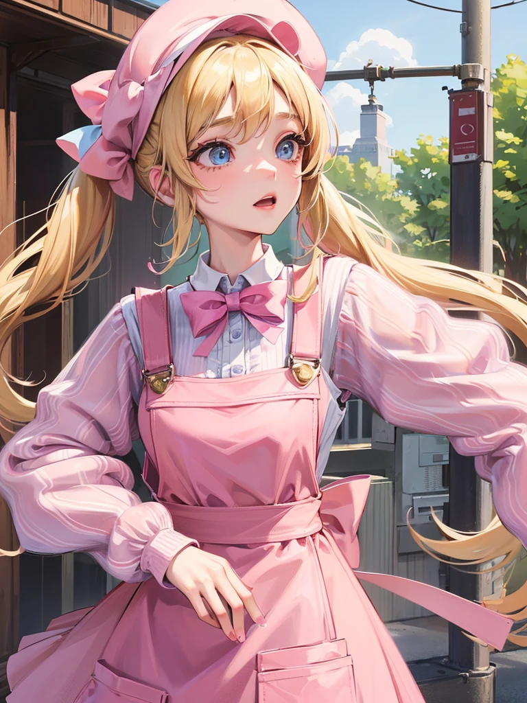 an adult woman, blonde with two pigtails with a bow each pink, pink dress yipo overalls, she has blue eyes, a pink hat on her head