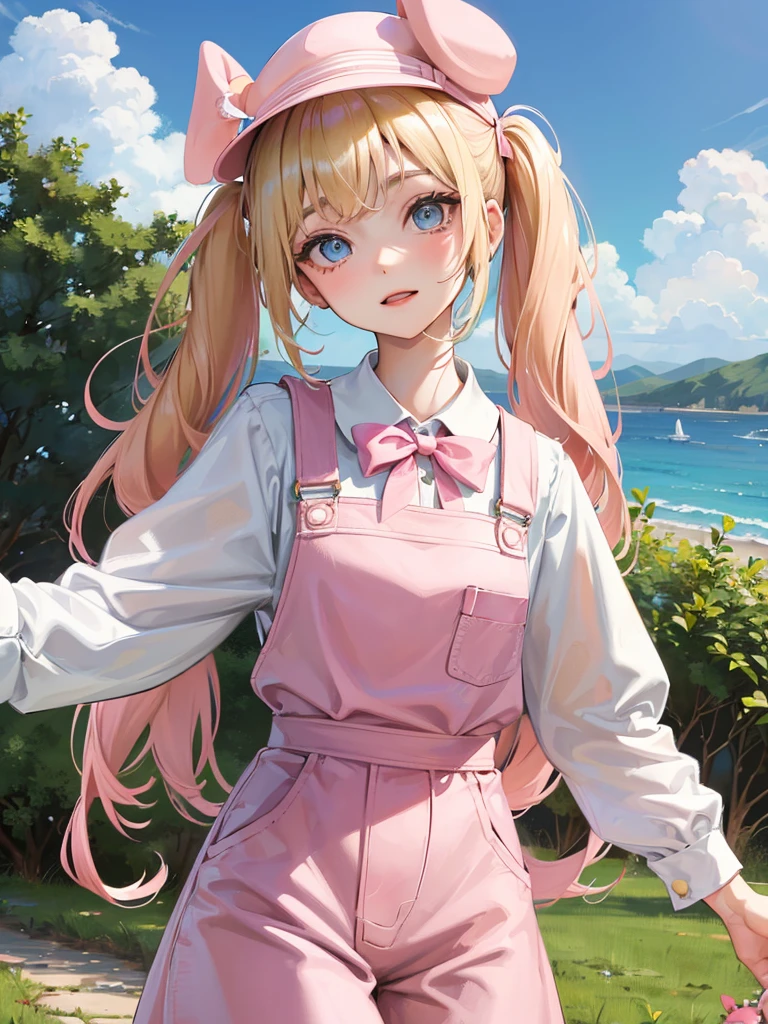an adult woman, blonde with two pigtails with a bow each pink, pink dress yipo overalls, she has blue eyes, a pink hat on her head