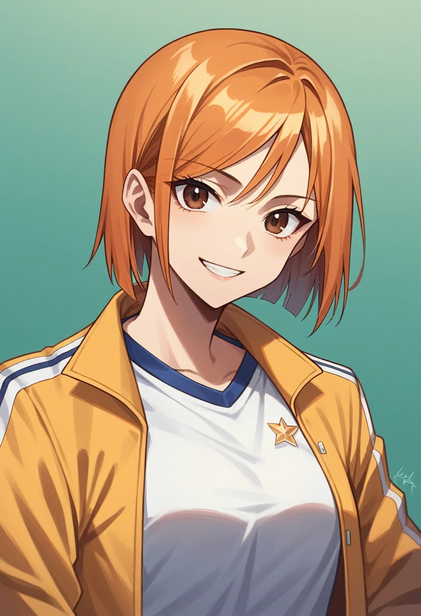 (Masterpiece), (Best Quality), (ultra detailed), (best illustration), (best shadow), (absurdities), nobarakugisakinova, short hair, Orange hair, ((Brown eyes)), Kugisaki Nobara, , 1 girl, Alone, Jacket, hits, Gakuran, smile, sportswear, looking at the viewer, Upper part of the body, 