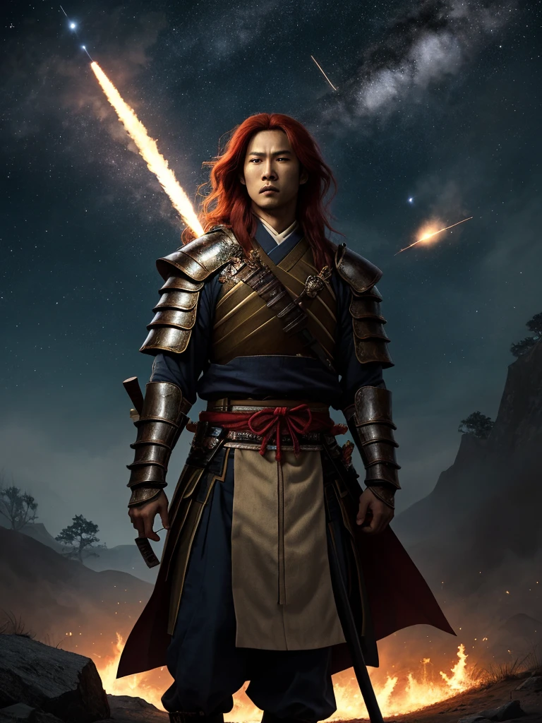 A Japanese samurai named Tsukifuuma, with long red hair and wearing full Japanese armor, stands on a small mound with multiple human skulls on it, against a dramatic night sky full of stars in the background. A Japanese samurai holds a sword held high in his hands in a gesture that conveys a feeling of victory or challenge. Surrounding the knight are three sword-like objects that appear to be launched into the sky, leaving trails of fire and smoke, resembling rockets or perhaps a fantasy interpretation of meteors. The scene is unique in style and may have been intended to evoke a sense of epic fantasy or adventure.