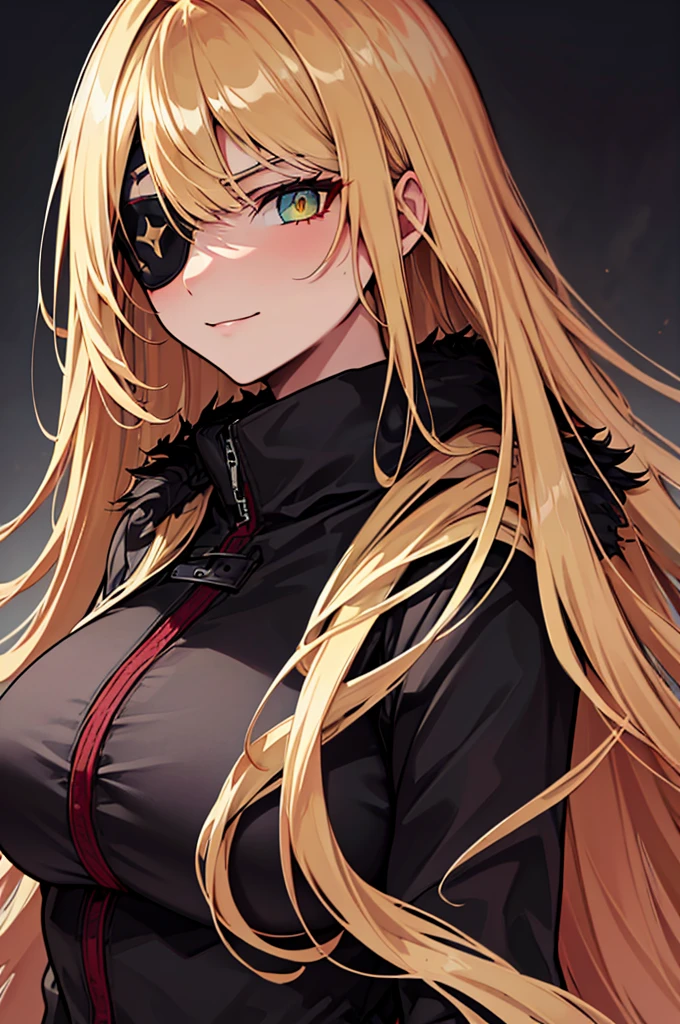 ((masterpiece)), ((best quality)), 1girl, adult, long hair, ((blonde hair)), very long blonde hair, ((intimidant look)), ((close-up)), profile image, green eyes, black and red clothes, sexy, dark colors, brillant eyes, ((coat with fur)), ((wavy hair)), exposed skin, ((sexy pose)), ((intimidant look)), good anatomy, ((dark sage clothes)), ((straight cut bangs)), emotionless, intimidant, ((beautiful eyes)), dark background, close up, ((detailed eyes)), beautiful eyes, ((detailed face)), hair bang, frontal look, evil, relaxed, smile, magical goddess othinus, detailed face, eyepatch, full body, ((detailed))