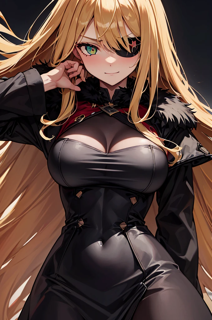 ((masterpiece)), ((best quality)), 1girl, adult, long hair, ((blonde hair)), very long blonde hair, ((intimidant look)), ((close-up)), profile image, green eyes, black and red clothes, sexy, dark colors, brillant eyes, ((coat with fur)), ((wavy hair)), exposed skin, ((sexy pose)), ((intimidant look)), good anatomy, ((dark sage clothes)), ((straight cut bangs)), emotionless, intimidant, ((beautiful eyes)), dark background, close up, ((detailed eyes)), beautiful eyes, ((detailed face)), hair bang, frontal look, evil, relaxed, smile, magical goddess othinus, detailed face, eyepatch, full body, ((detailed))