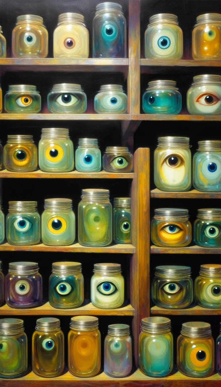 store shelf with large jars, jars with eyes inside, jars with heads inside, jars with hands inside (art inspired by Bill Sienkiewicz, oil painting)