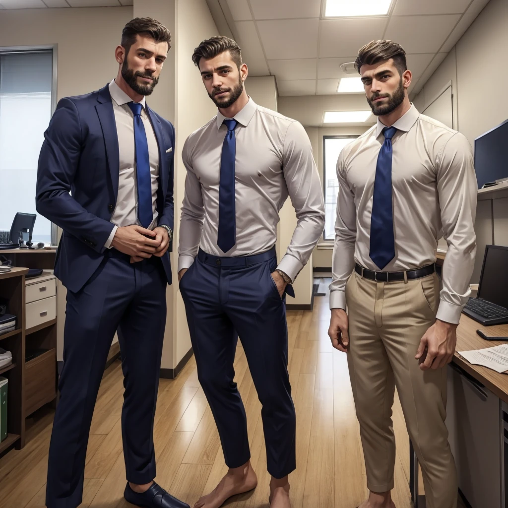 Two Italian men stand barefoot in an office, both dressed stylishly and sporting well-groomed beards. The man on the left is very tall, his head almost touching the ceiling, and wears a suit with a tie, with one hand in his pocket. The man on the right, much shorter and wearing a shirt, faces the taller man, looking directly at his chest. The height difference between them is strikingly large.