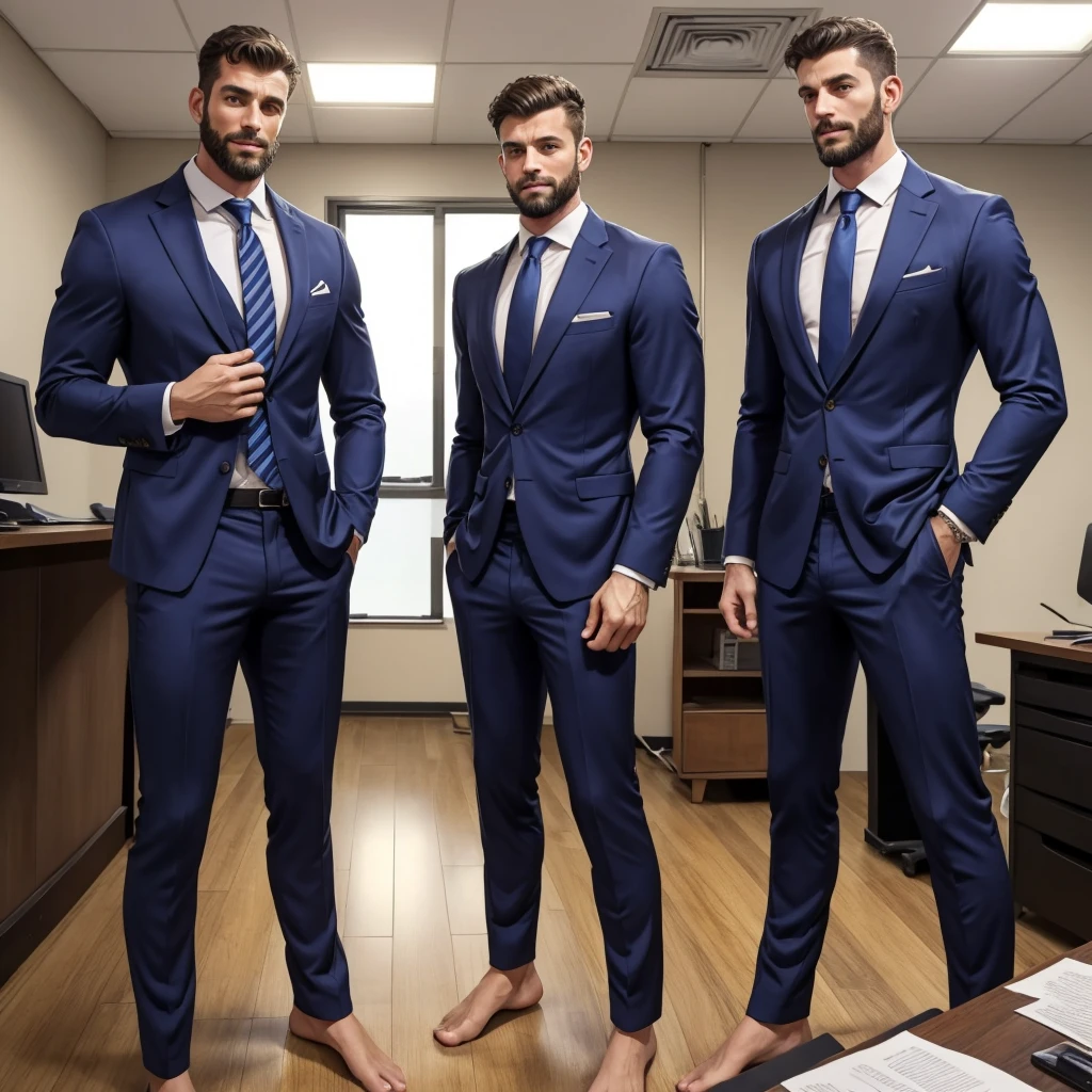 Two Italian men stand barefoot in an office, both dressed stylishly and sporting well-groomed beards. The man on the left is very tall, his head almost touching the ceiling, and wears a suit with a tie, with one hand in his pocket. The man on the right, much shorter and wearing a shirt, faces the taller man, looking directly at his chest. The height difference between them is strikingly large.