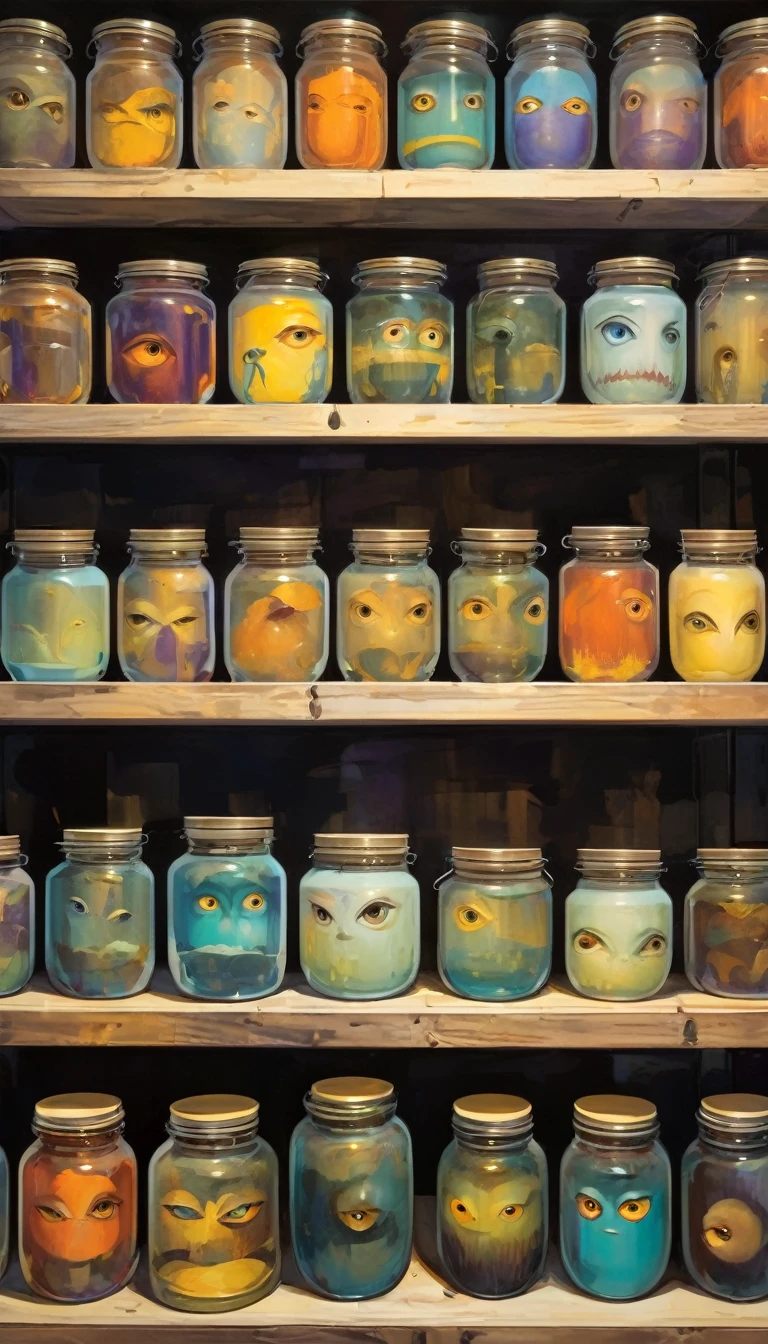 store shelf with large jars, jars with eyes inside, jars with heads inside, jars with hands inside (art inspired by Bill Sienkiewicz, oil painting)