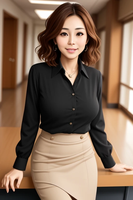 60-year-old woman, teacher, Medium Hair, light brown, Thin face, smile, Brown droopy eyes, She wears a blouse and pencil skirt to work.