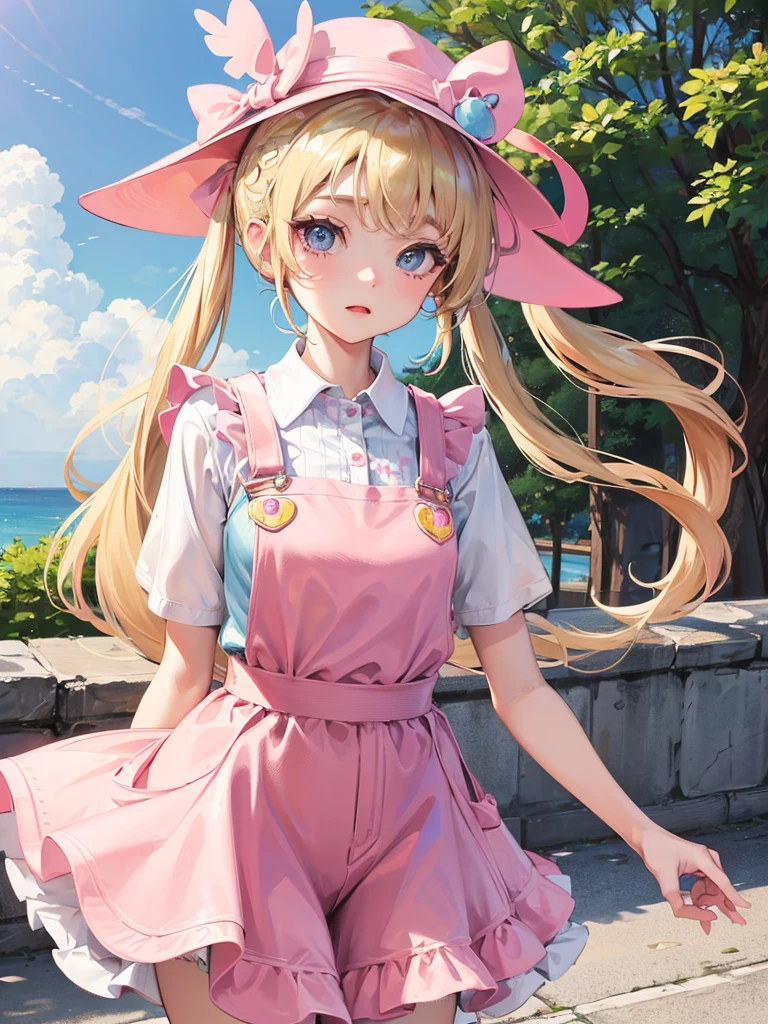 an adult woman, blonde with two pigtails with a bow each pink, pink dress yipo overalls, she has blue eyes, a pink hat on her head