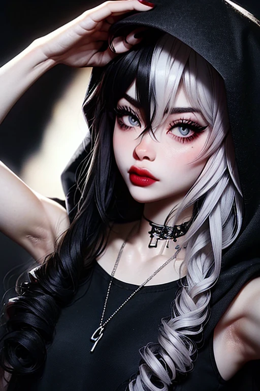 (masterpiece, best quality:1.2), [graveyar:girl:0.9], 1girl, solo, beautiful, gothic, gloomy, Asian woman, mature, black clothing, hooded black robe, modest clothing, hood up, goddess of death, blank expression, split dye hair, multicolored hair, black and white hair, black dye on right side, white hair on left side, bangs, black eyebrows, thick eyebrows, long eyelashes, grey eyes, dark circles under eyes, plump lips, red lipstick, red lips, no skin showing, skinny, pale skin, thin, sickly looking, looking at viewer, holding scythe, in graveyard, Wylona Hayashi, all black clothing, black hood, full body shot, cemetery background, holding scythe