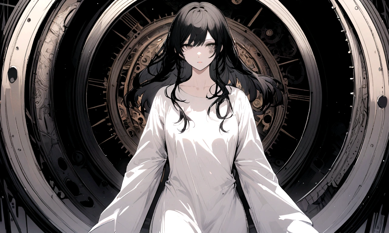 black and white drawing, giant clockwork background, human, beautiful woman 1, wearing a white dress, Detailed facial details