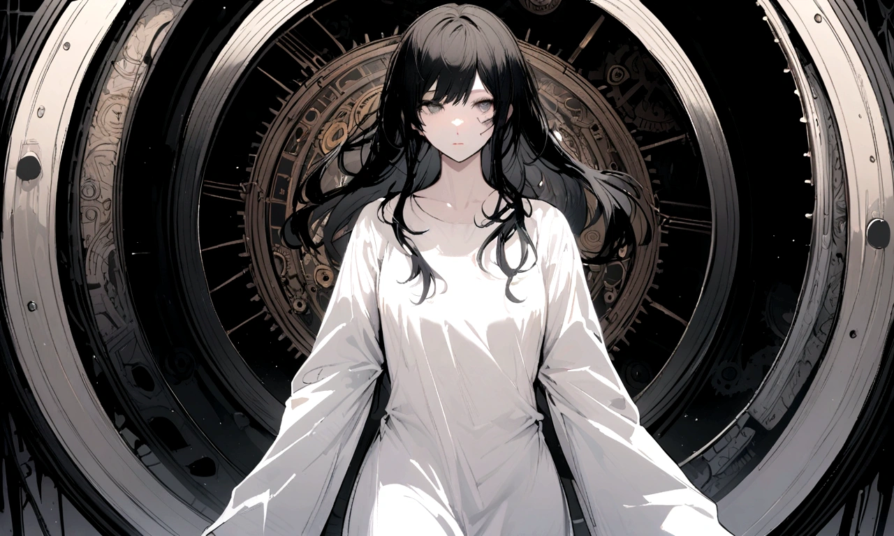 black and white drawing, giant clockwork background, human, beautiful woman 1, wearing a white dress, Detailed facial details