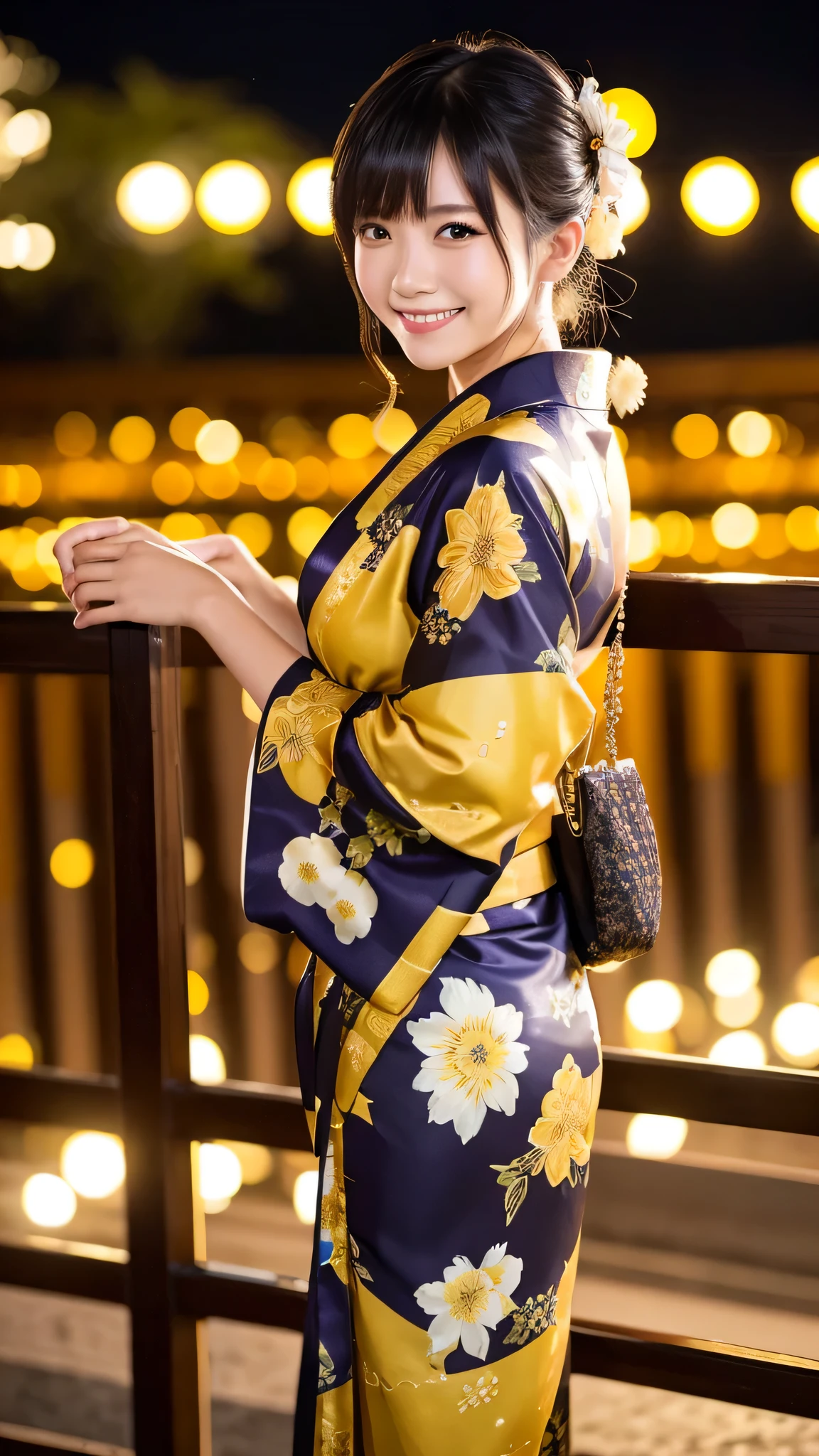 night、A glamorous atmosphere、firework、Matte fabric、Yellow large floral pattern yukata、Cotton kimono、stylish （night景、night、smile）、night空、bangs、No makeup、（masterpiece、8K,RAW Photos、High resolution:1.4）、girl&#39;Her calm expression is、Emphasized by the soft look..。 Canon EOS R6 Mark II and Sigma 50mm f/2.Used in combination with 8/1.4 DG HSM Art Lens、シーンのあらゆるニュアンスがHigh resolutionでキャプチャされます。
