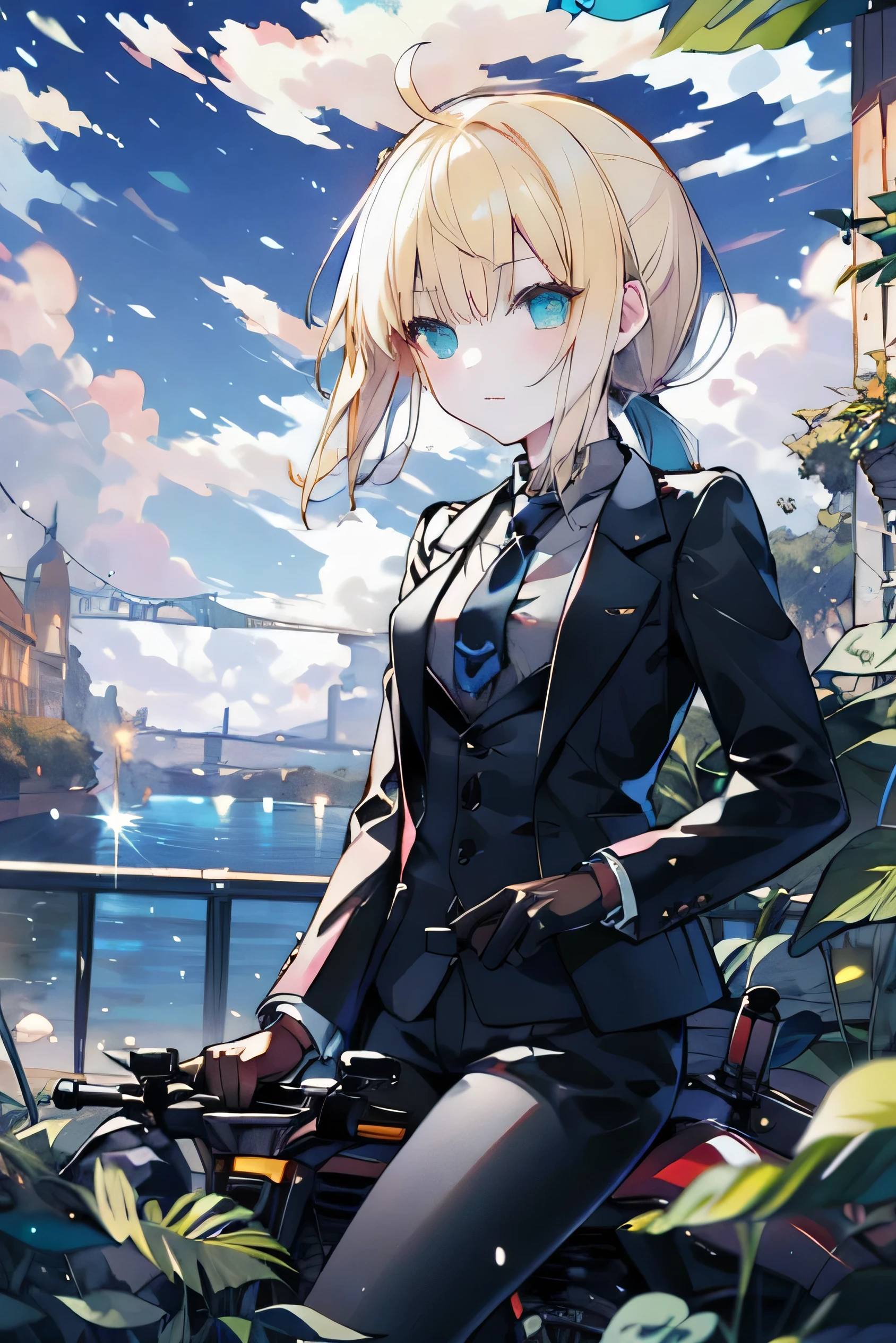 Uhd, absurdres, best_quality, masterpiece, best quality,1girl, solo, adult, woman, saberzero, formal, necktie, (blonde hair), (ponytail), ((ahoge)), straight hair, sidelocks, small breasts, looking at viewer, (black suit), grey shirt, (black tie), black half gloves, ((black pants)), close-up, straight bangs, long sleeves, (aqua eyes), riding a yamaha v-max motorcycle in the city