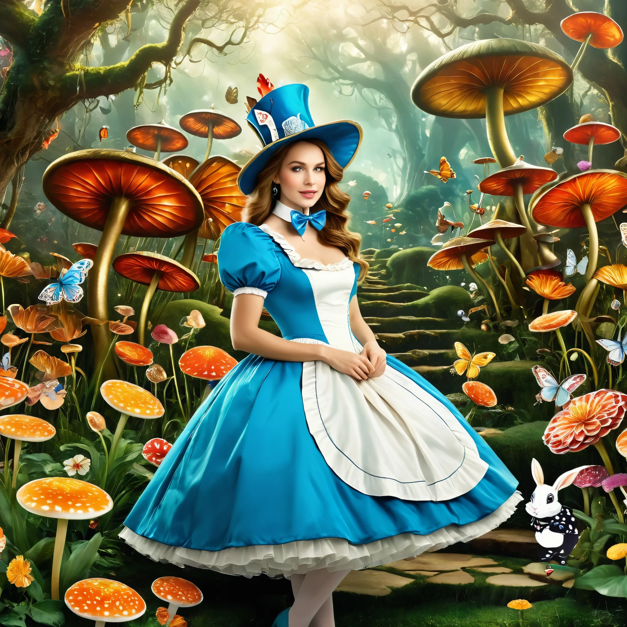 Create a vivid and enigmatic portrayal of The Duchess from Alice in Wonderland. Capture her eccentricity and contrasting emotions, showcasing her both smiling and with a stern expression. Pay attention to her unique fashion, with a distinctive dress and hat. Surround her with a whimsical, chaotic background that reflects Wonderland's peculiar nature. Utilize a color palette that blends vibrant and muted tones to convey the complexity of her character. The image should evoke curiosity and intrigue, embodying the essence of Wonderland