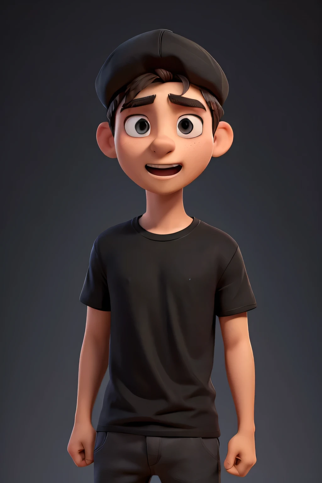 a 25 year old man, black t-shirt, black cap, shocked expression, open mouth with no eye shadows, detailed face, high quality, photorealistic, 8k, best quality, studio lighting, hyperrealistic, sharp focus, vibrant colors, dramatic lighting, cinematographic composition, masterpiece
