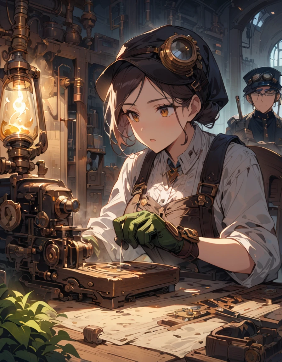 Steampunk World、A woman works hard in a small factory。She is working on repairing the machine.、Wearing oily gloves、Put on goggles、Wearing a hat。The short hairstyle is characteristic、His expression conveys his deep concentration and professional attitude.。There are various々The machine is working、Steam is pouring in。
