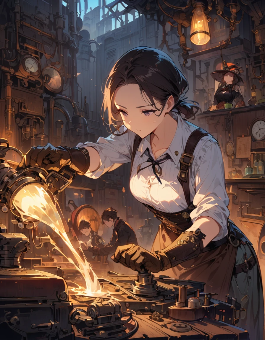 Steampunk World、A woman works hard in a small factory。She is working on repairing the machine.、Wearing oily gloves、Put on goggles、Wearing a hat。The short hairstyle is characteristic、His expression conveys his deep concentration and professional attitude.。There are various々The machine is working、Steam is pouring in。