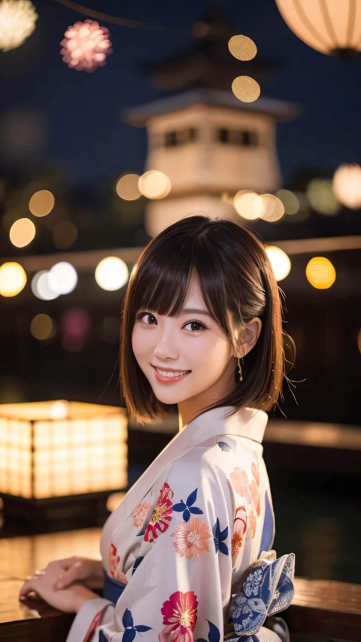 night、A glamorous atmosphere、firework、Matte fabric、White large floral pattern yukata、Cotton kimono、stylish （night景、night、smile）、night空、bangs、No makeup、（masterpiece、8K,RAW Photos、High resolution:1.4）、girl&#39;Her calm expression is、Emphasized by the soft look..。 Canon EOS R6 Mark II and Sigma 50mm f/2.Used in combination with 8/1.4 DG HSM Art Lens、シーンのあらゆるニュアンスがHigh resolutionでキャプチャされます。
