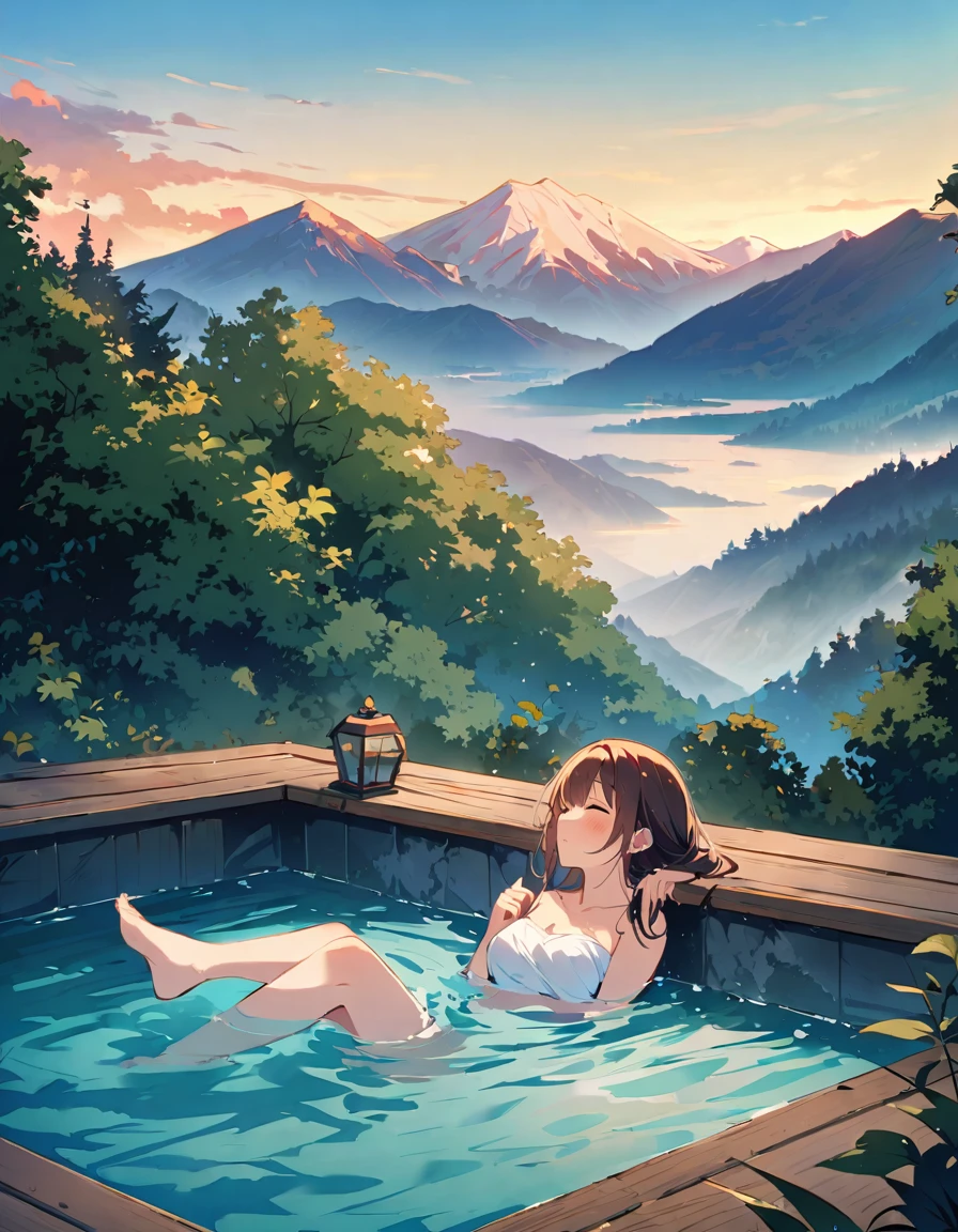 A spectacular daytime mountain view in the background、There is a woman soaking in the open-air bath.。She wrapped a towel around her body、He has a comfortable expression on his face.。There is silence all around。Amidst the beauty of nature and the warmth of hot springs、She is a mountain々Relaxing while enjoying the view。Enjoy a moment in the open-air bath that has become part of the scenery.、It's a special time of healing for her.。