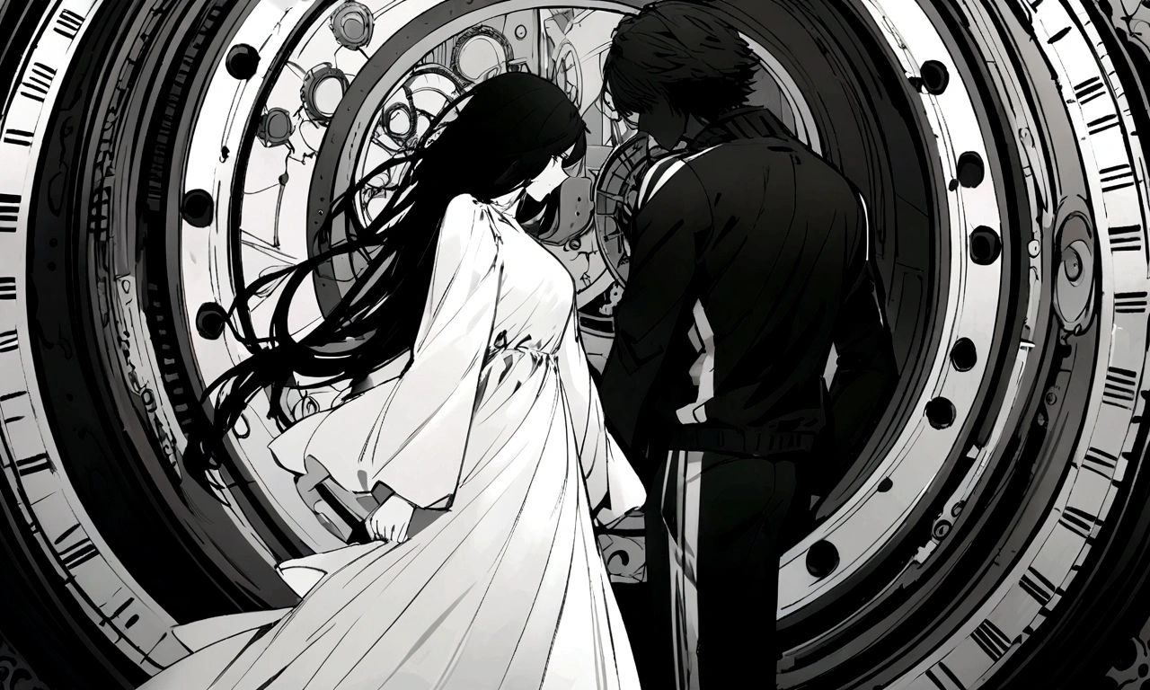 black and white drawing, giant clockwork background, Detailed facial details