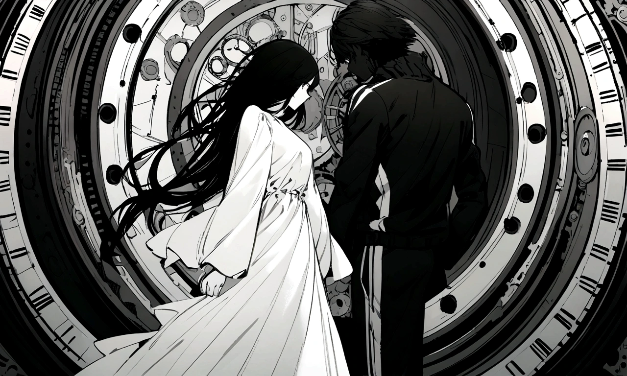 black and white drawing, giant clockwork background, Detailed facial details