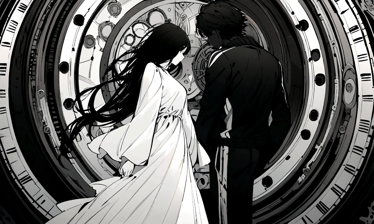 black and white drawing, giant clockwork background, Detailed facial details