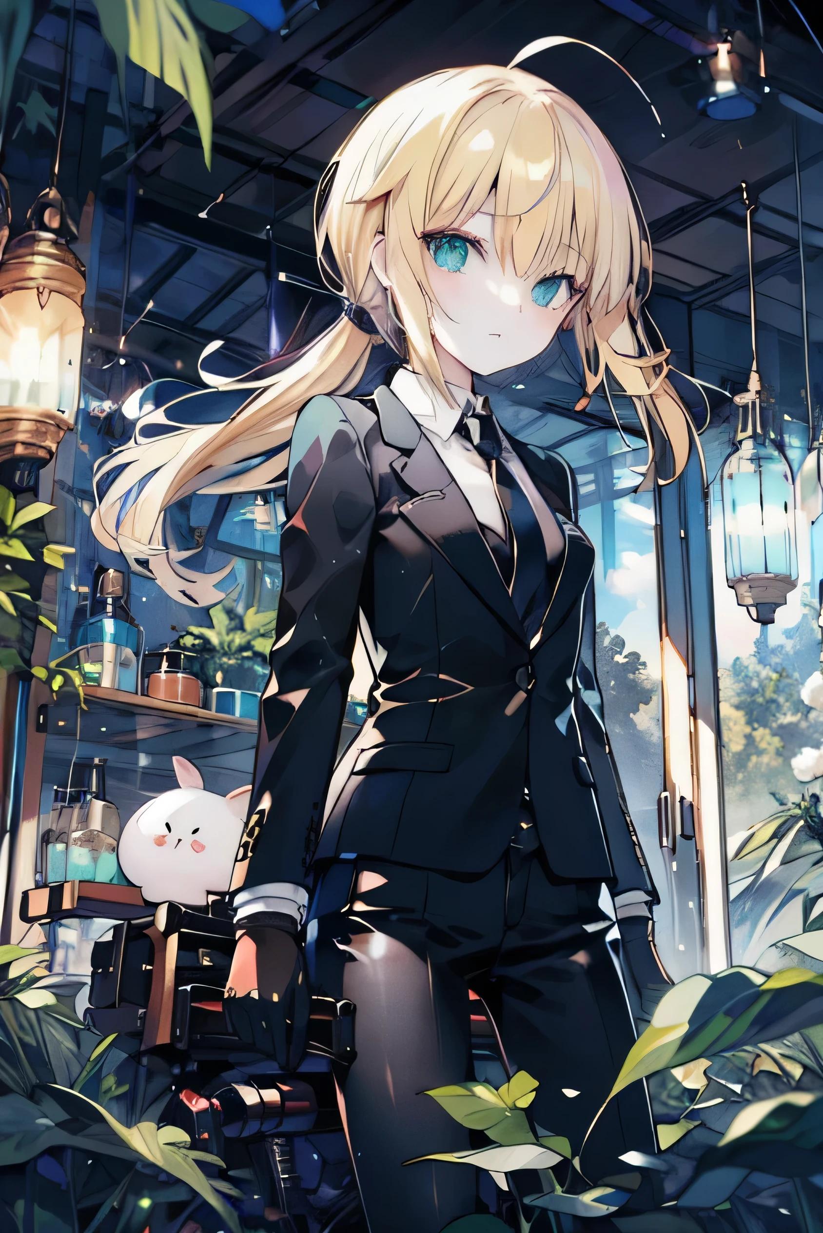 Uhd, absurdres, best_quality, masterpiece, best quality,1girl, solo, adult, woman, saberzero, formal, necktie, (blonde hair), (ponytail), ((ahoge)), straight hair, sidelocks, small breasts, looking at viewer, (black suit), grey shirt, (black tie), black half gloves, ((black pants)), close-up, straight bangs, long sleeves, (aqua eyes), riding a yamaha v-max motorcycle in the city