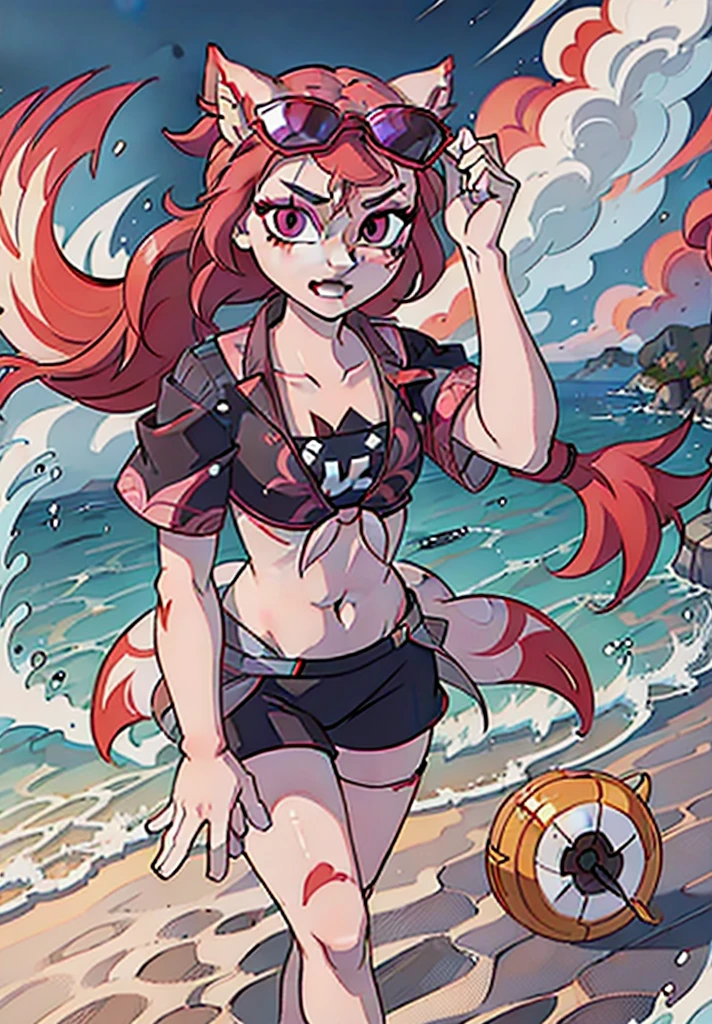 Kimiko Five-Tails, furry female anthro, fox girl, white body fur, pink hair, ((shirt, navel, sunglasses, eyewear on head, swimsuit, bikini, sarong, short sleeves, crop top, collared shirt, tied shirt, adjusting eyewear, midriff, blue sarong, tinted eyewear, front-tie top)), small breasts, detailed body fur, detailed body, detailed face, detailed eyes, glistering body, shiny body, skinny, :3, multiple tails, multi tail, solo, body fur, (best quality), cinematic lighting, anime style, short ponytail, scar on the eye, 2D, beach, clear sky, solo,