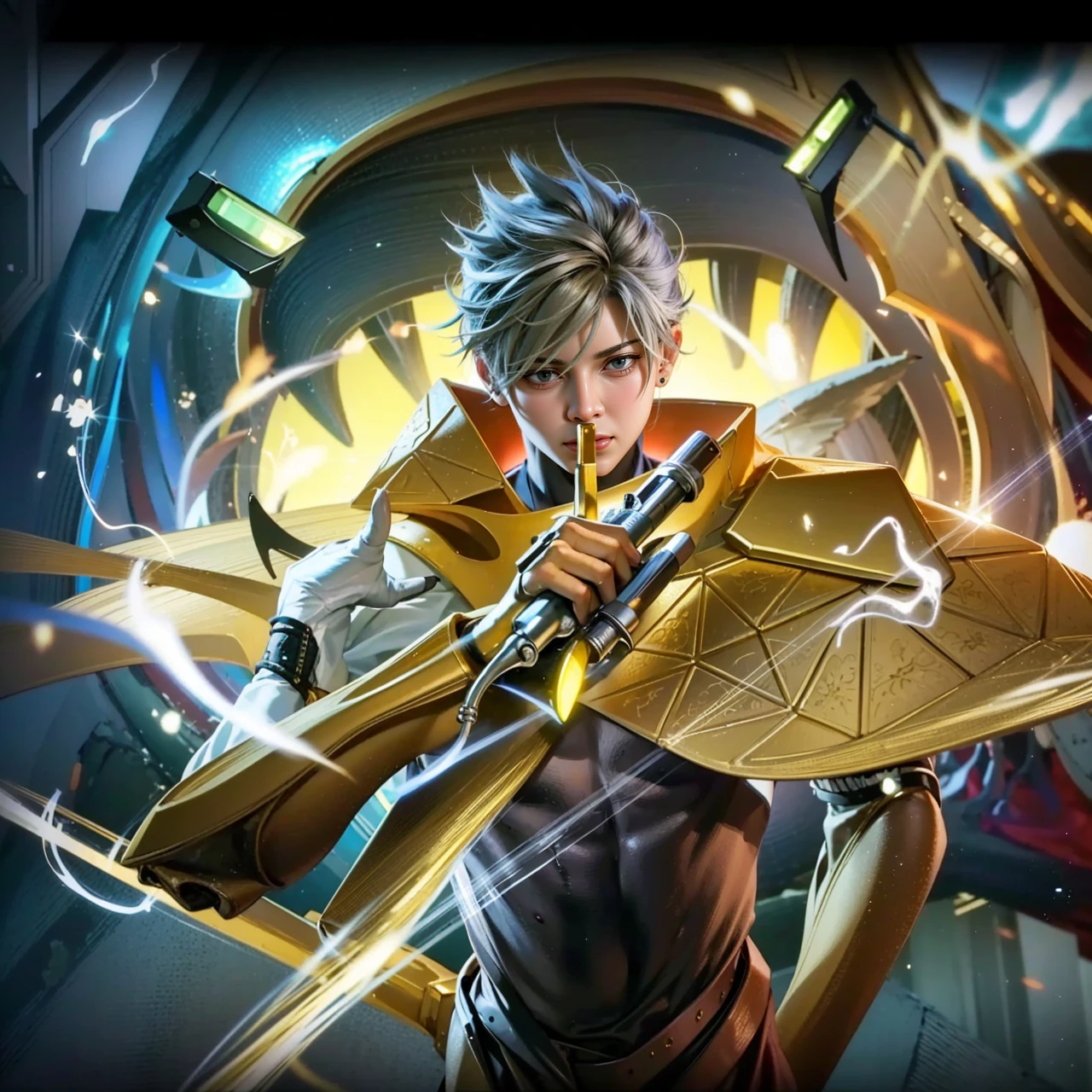 masculine male, masterpiece, ((perfect eyes)) best quality, (semirealism:1.9), beautiful lighting, (extremely detailed CG unity 4k fhd wallpaper), High Detail, Sharp focus, dramatic outdoors, 1 boy ,19 years old, blue eyes, smile, royal matador, Boy with two big horns, big earrings on ears, elf ear, red eyes, Thick eyebrows, evil smile, grinning,red body, red face, Burning skin, yellow diamonds glistening on chest, burning red skin,golden robe behind, big white belt , 8k , realistic, scary.